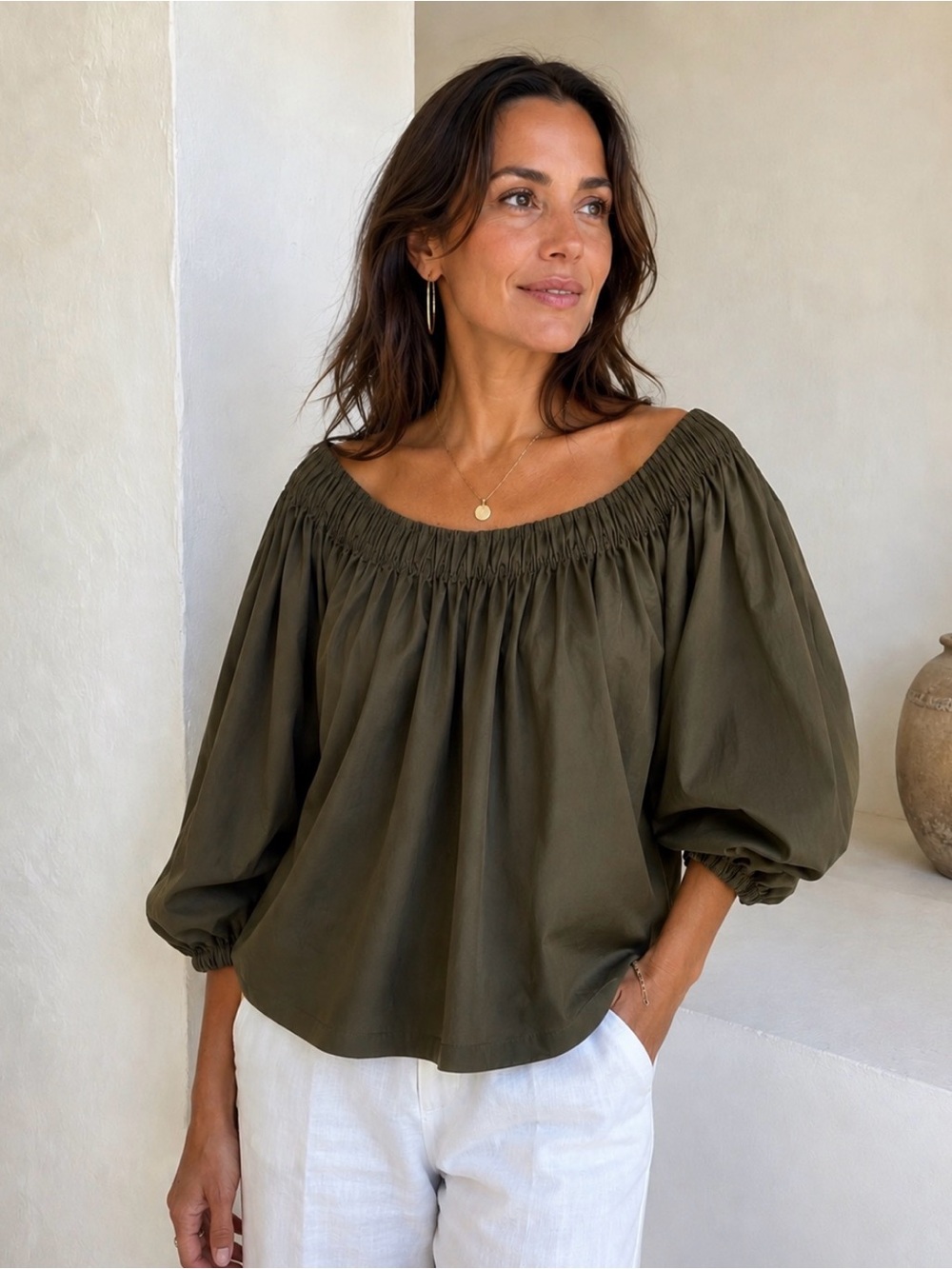 Massimo Dutti Olive Off-Shoulder Top - Women